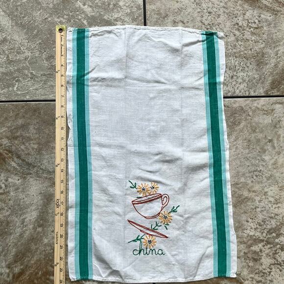 Vintage Embroidered Tea Towel China Teacup Flowers Striped Green Turquoise - Picture 2 of 5